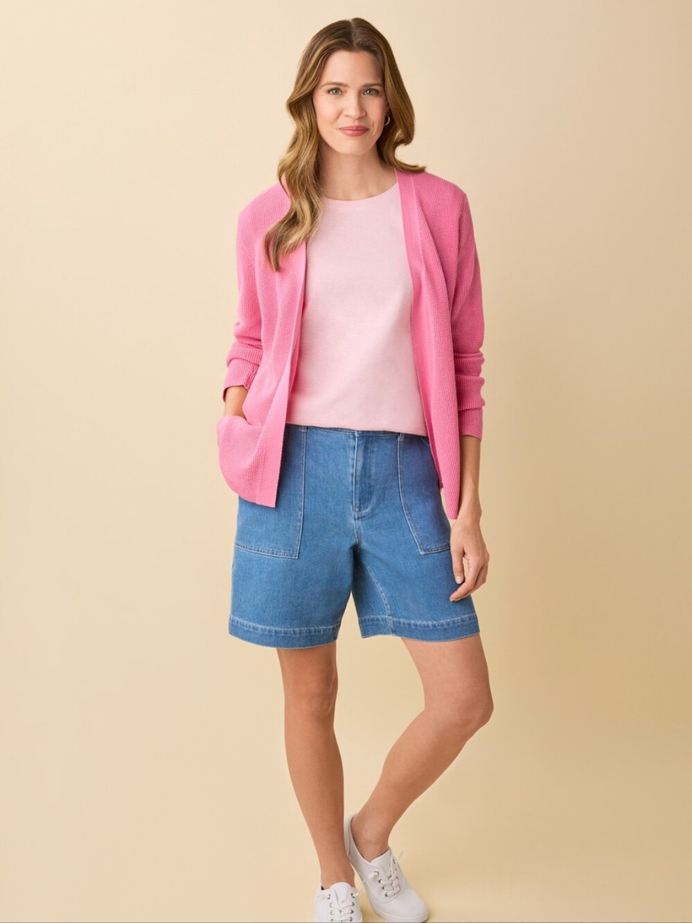Waffle-Knit Open Sweater Cardigan Pink XS